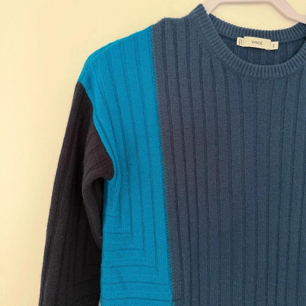 Vince Color Block Ribbed Knit Sweater Blue Navy Teal Long Sleeve XXS
